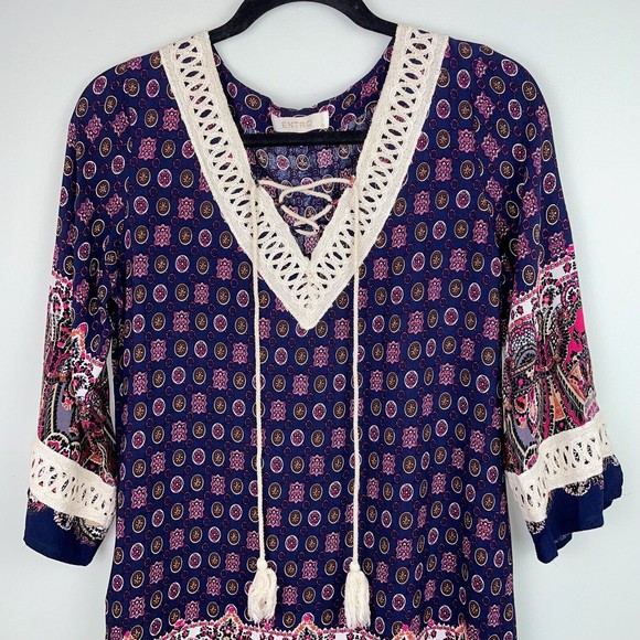 Entro Anthropologie Boho Print Lace Up Tassel Tie Tunic Shift Dress Blue Women S - Picture 2 of 6